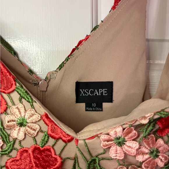 Xscape (Macy’s) Blush Dress with Red and Green Floral Crochet Embroidery - Picture 4 of 9